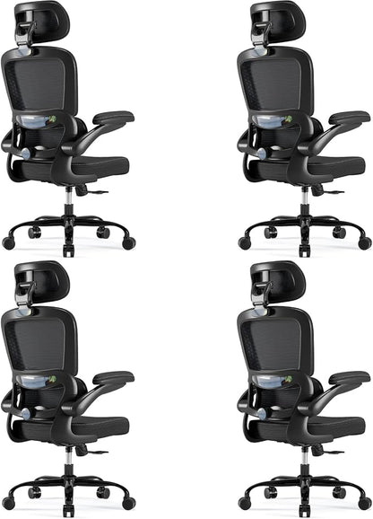 TRALT Ergonomic Office Chair - Desk Chair with Adjustable Headrest Lumbar Support Computer Chair - Mesh Comfy Chair with Flip-up Armrests - Gaming Chair for Adults Home Office PU, Black, Pack of 4