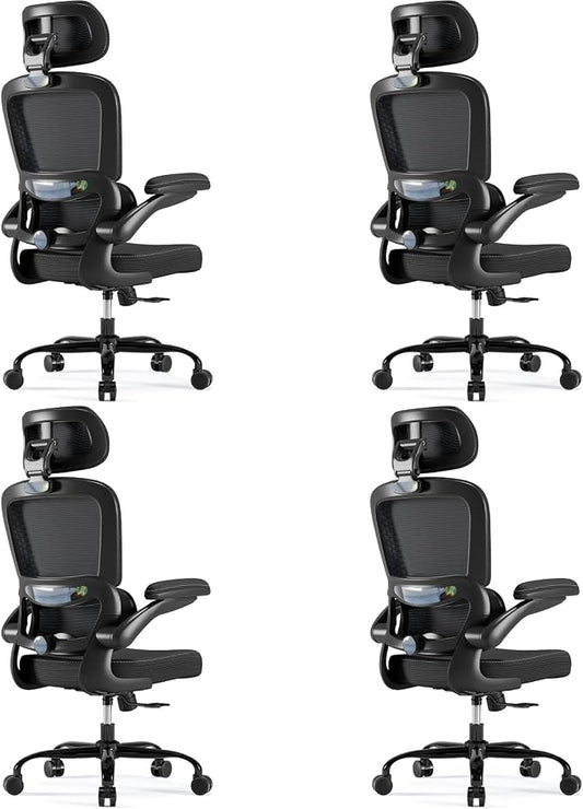 TRALT Ergonomic Office Chair - Desk Chair with Adjustable Headrest Lumbar Support Computer Chair - Mesh Comfy Chair with Flip-up Armrests - Gaming Chair for Adults Home Office PU, Black, Pack of 4
