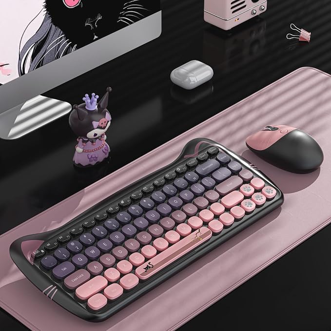 Cute Cat 2.4G USB Wireless Keyboard and Mouse Combo, Silent Keys, Candy Colors, Compatible with Notebook, PC (BlackPink-84Keys)