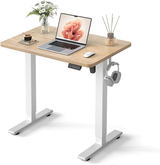 Cubiker Standing Desk, 32" Small Sit Stand Home Office Desk, Electric Stand up Desk, Adjustable Desk with Splice Board, White Frame/Maple Top