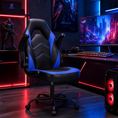 Sweetcrispy Computer Video Game Desk Chair: Ergonomic Comfy Lumbar Support, PU Leather with Flip-up Armrest, Height Adjustable and 360° Swivel, for Adults, Black Blue