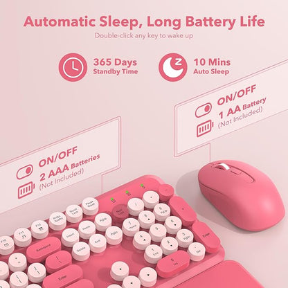 Wireless Keyboard and Mouse Combo, Cute Hot Pink Full-Size Retro Typewriter Keyboard with Round Keycaps, Magnetic Wrist Rest, Tilt Legs, 2.4GHz Cordless for Mac, Windows PC, Laptop, SABLUTE CK23