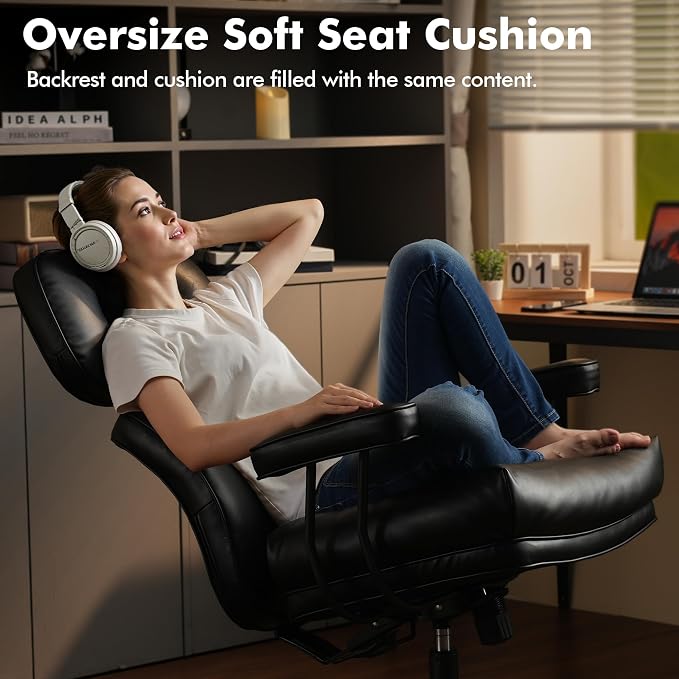 High Back Executive Office Chair with Comfortable Deep Seat,Black PU Leather Modern Office Chair,Ergonomic Big and Tall Computer Desk Chair with Lumbar Support(Black)