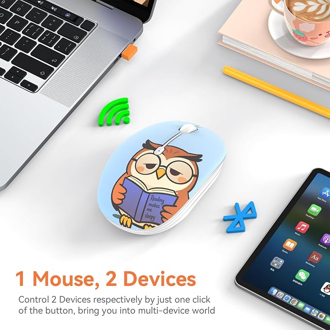 FMOUSE Cute Cartoon Wireless Mouse, 2.4G Bluetooth Dual Mode, AA Battery Powered, Silent Ergonomic Mice for Kids Students Office Workers Laptop PC Mac iPad (Sleepy Book Owl)