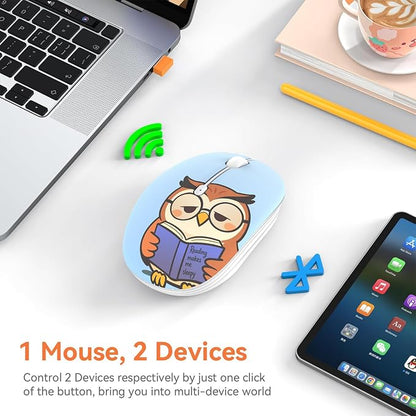 FMOUSE Cute Cartoon Wireless Mouse, 2.4G Bluetooth Dual Mode, AA Battery Powered, Silent Ergonomic Mice for Kids Students Office Workers Laptop PC Mac iPad (Sleepy Book Owl)