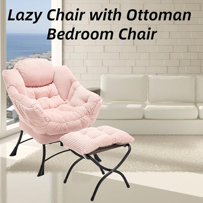 Modern Lazy Chair with Ergonomic Ottoman, Comfortable Lounge Chair with Footrest for Space Saving, Comfy Reading Armchair for Living Room, Bedroom, Office, Pink