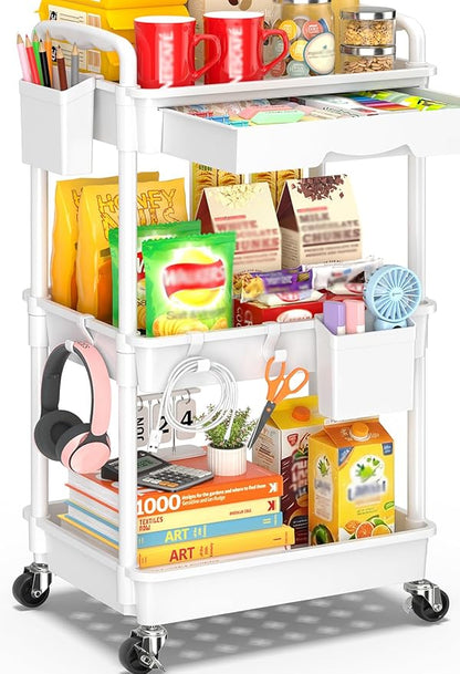 SUNALLY 3 Tier Rolling Cart with Drawer, Bathroom Storage Organizer with 2 Lockable Wheels, Multifunctional Rolling Storage Cart for Bathroom, Kitchen, Office, Craft, Makeup, Baby Essentials, White