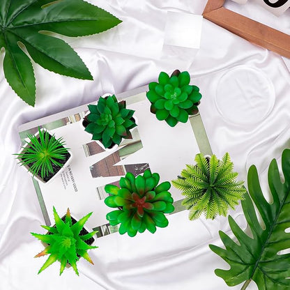 6pcs Mini Artificial Succulents in Pot, Fake Potted Succulent Plant | lifelike faux small greenery succulent bulk set, assorted plastic succulent plants, office desk bedroom shelf home decoration