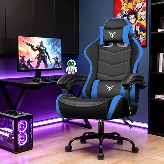 GTPLAYER Gaming Chair for Adults, Big and Tall 300LBS Heavy Duty Office Chair, Ergonomic High Back Lumbar Support and Wide Comfy Cushion with Linkage Armrests for Home Office, Blue