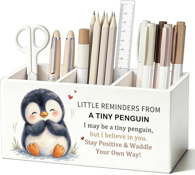 Positive Penguin Pen Pencil Holder Desk Accessories Gifts for Women | Cute Penguin Inspirational Pen Pencil Wooden Organizer Office Desk Accessories Decor for Dorm Room Bedroom Tabletop