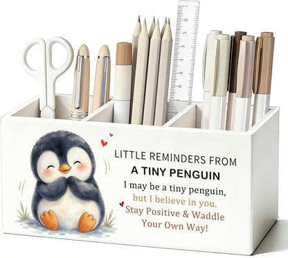 Positive Penguin Pen Pencil Holder Desk Accessories Gifts for Women | Cute Penguin Inspirational Pen Pencil Wooden Organizer Office Desk Accessories Decor for Dorm Room Bedroom Tabletop