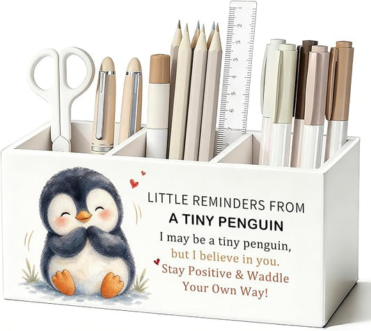 Positive Penguin Pen Pencil Holder Desk Accessories Gifts for Women | Cute Penguin Inspirational Pen Pencil Wooden Organizer Office Desk Accessories Decor for Dorm Room Bedroom Tabletop