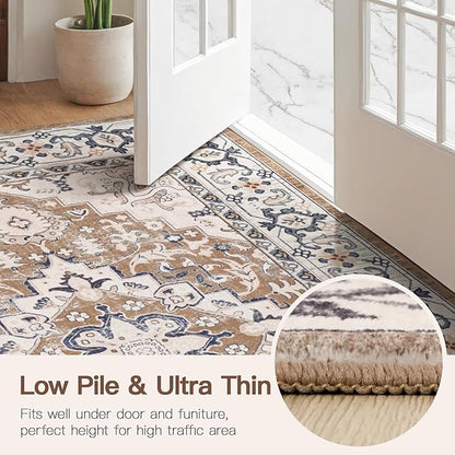 Lofus 7x10 Area Rugs for Living Room, Washable Area Rug, Rugs for Bedroom, Kitchen, Vintage Boho Carpet, Soft Non-Slip, Low Pile Large Area Rug for Office Dining Room, Floral Brown