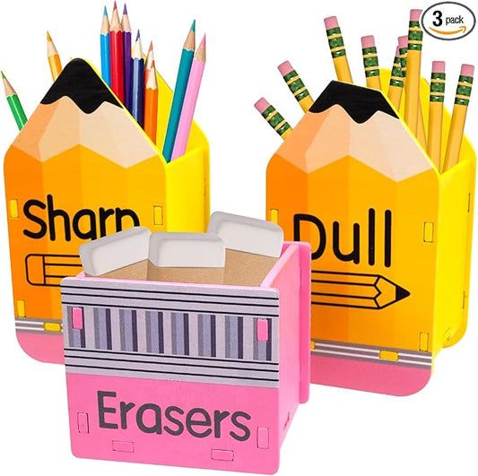 CEYAZYE 3Pcs Sharp and Dull Pencil Holder Eraser Buckets, Back to School | Wooden Shaped Dispenser, Pencil Storage Organizer for Back to School Teachers Desk Classroom Management