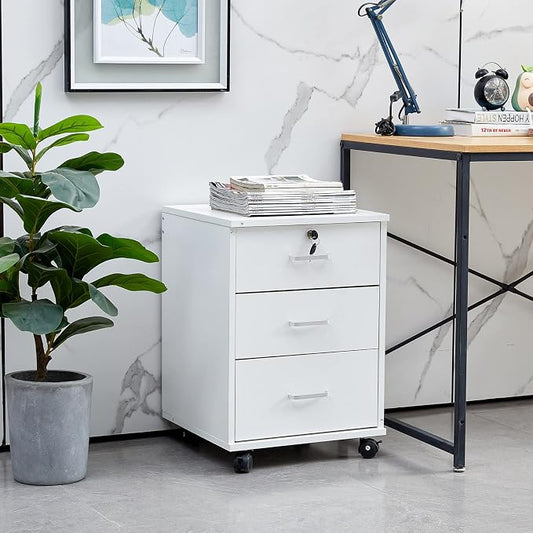 OFCASA 3 Drawer File Cabinet with Lock, Small Rolling Filing Cabinets for Home Office, Wooden Under Desk File Cabinet with Wheels, Mobile Storage Cabinet Printer Stand, for Letter/Legal/A4 Size, White