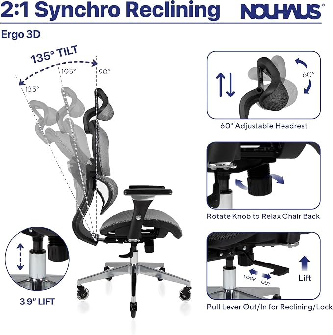 Nouhaus Ergo3D Ergonomic Office Chair Grey | Dynamic Lumbar Support, Mesh High Back, 4D Armrests, Adjustable Headrest, Aluminum Base, BIFMA, SGS, 2 Sets of Wheels