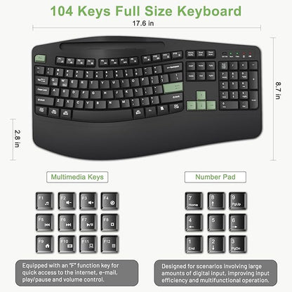 Wireless Keyboard and Mouse Combo, 2.4G Full Size Wave Keys Ergonomic Keyboard with Wrist Rest, Phone Holder, 3-Level DPI Wireless Silent Mouse with 6-Buttons, for Windows (Avocado Green and Black)