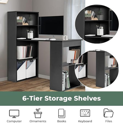 Tangkula Computer Desk with Bookshelf, Writing Study Desk with Storage Shelves & CPU Stand, Modern Compact Computer Workstation for Home & Office, Space-Saving Design (Black)