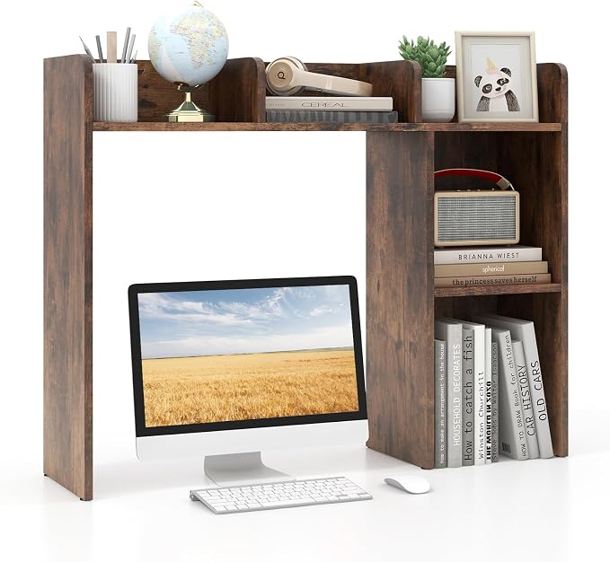 GOFLAME 5 Shelves Desktop Bookshelf, Wood Desk Hutch Dorm for Computer Desk, Countertop Display Rack, 3-Tier Desk Storage Organizer Shelf for Dormitory, Home Office, Study, Rustic Brown