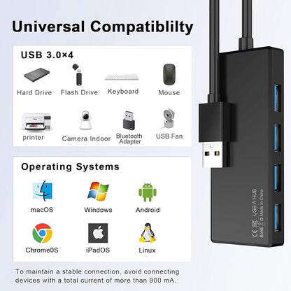 USB 3.0 Hub, 4-Port Multiple USB A Splitter, Plug and Play USB Extender Hub for Laptop/PC/Desktop, Mouse, Keyboard, Flash Drive, U Disk, Printer, Xbox, HDD and More – 0.8FT (Not a Charger)