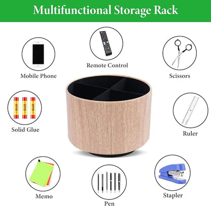 Round Leather Art Supply Organizer,Remote Control Holder,360 Degree Spinning,Multi-Functional Pencil Holder,4 Compartments Desktop Stationary Organizer(1-Thin Wood Yellow)