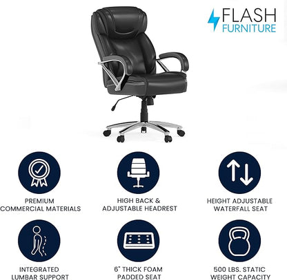 Flash Furniture HERCULES Series Big & Tall 500 lb. Rated Black LeatherSoft Executive Swivel Ergonomic Office Chair with Extra Wide Seat