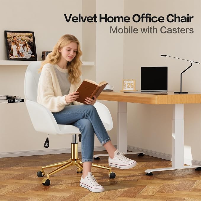 Home Office Desk Chair Comfy with Adjustable Swivel Wheels, Modern Velvet Makeup Vanity Chair with Back & Pillow, Ergonomic Office Chair Computer Task Chair for Living Room, Bedroom, White