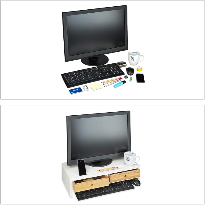 Relaxdays Bamboo PC Monitor Stand, Screen Riser with 2 Drawers & Compartments, Computer Workstation HWD 14 x 60 x 30 cm, White/Natural