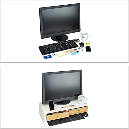 Relaxdays Bamboo PC Monitor Stand, Screen Riser with 2 Drawers & Compartments, Computer Workstation HWD 14 x 60 x 30 cm, White/Natural