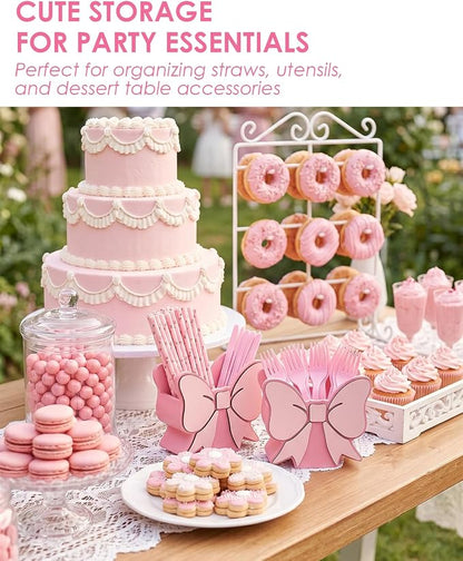 2-Pack Cute Pink Bow Pen Holder, Pink Bow Desk Accessories Set, Wooden Desk Organizer & Decorations for Office and School Supplies, Aesthetic Decor Gift for Women Girls