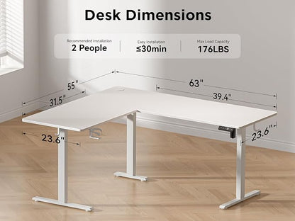 WALKINGDESK 63x55 Inches Reversible L Shaped Standing Desk, Height Adjustable With Cup Holder, Electric Corner Computer Workstation, Sit Stand up Home Office, Standing Desk with Cable Management White