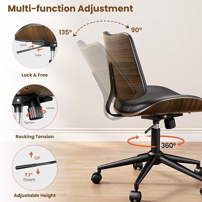 REONEY Home Armless Office Chair Set of 2, Modern Walnut Desk Chair with Wheels, Adjustable Swivel Rolling Task Chair with Curved Back for Reading,Meeting Room, Black