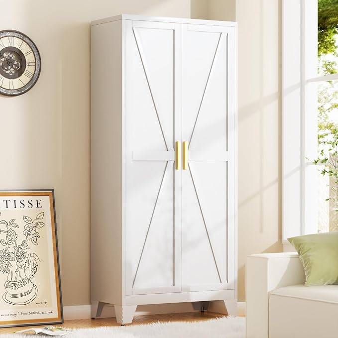 Baborokic 71H Tall Metal Storage Cabinet with 2 Doors and Adjustable Shelves,Farmhouse Storage Cabinet with Barn Doors,Pantry Storage for Home,Office,Dining Room,Kitchen(White)