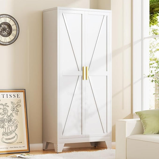 Baborokic 71H Tall Metal Storage Cabinet with 2 Doors and Adjustable Shelves,Farmhouse Storage Cabinet with Barn Doors,Pantry Storage for Home,Office,Dining Room,Kitchen(White)
