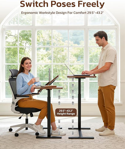 Simple Deluxe Standing Rolling Desk with Hidden Casters, Height Adjustable Pneumatic Mobile Laptop Desk, Tilting Bedside Table for Laptop, Overbed Bedside Table Hospital Home Use, Brown