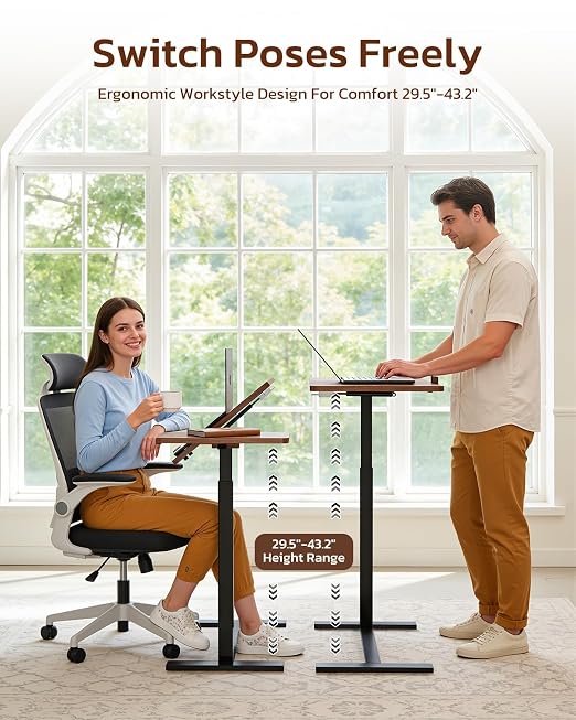 Simple Deluxe Standing Rolling Desk with Hidden Casters, Height Adjustable Pneumatic Mobile Laptop Desk, Tilting Bedside Table for Laptop, Overbed Bedside Table Hospital Home Use, Brown