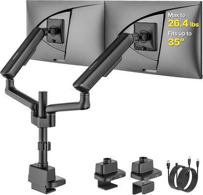 monTEK Extra Tall Dual Monitor Arms with USB, Mechanical Spring Desk Mount for 17 to 35 Inch 2 Screens, Smooth Precision Bearings, Holds up to 26.4 lbs Per Arm, C-Clamp/Grommet Base, VESA 75/100mm