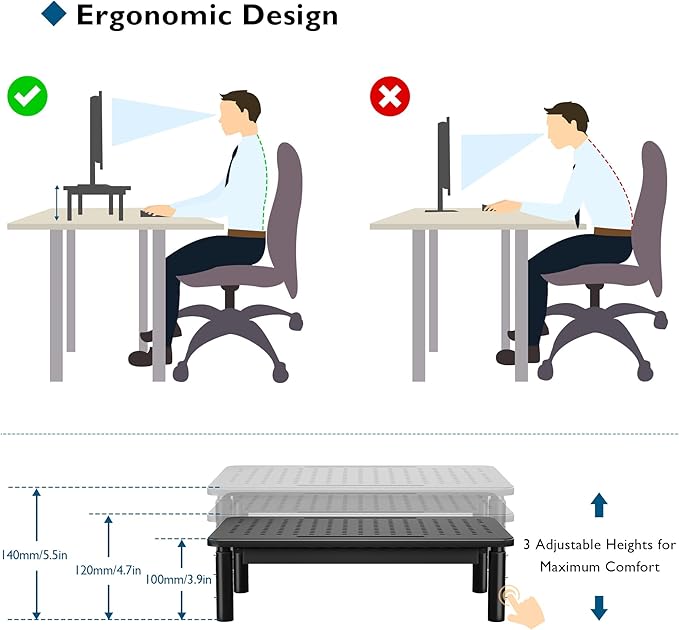 BONTEC 1 Pack Adjustable Monitor Stand Riser with Drawer, Ergonomic Mesh Platform Computer Monitor Stand for Desk, Ventilated Laptop and PC Stand with Cable Management, Supports up to 44lbs