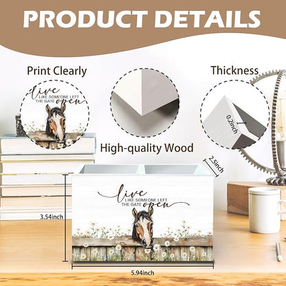 DILSJ Inspirational Horse 2 Compartment Pen Pencil Holder Organizer for Desk, Horse Gifts for Women, Live Like Someone Left The Gate Open Wooden Box Signs for Home Office Desk Tabletop Decoration