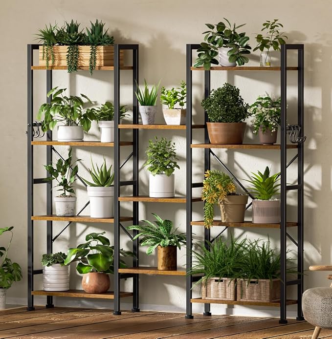 Furologee Triple 4 Tier Bookshelf, Bookcase with 11 Open Display Shelves, Large Book Shelf with 6 Hooks, Rustic Bookshelves Storage Organizer, Decorative Shelving Unit for Living Room, Home Office