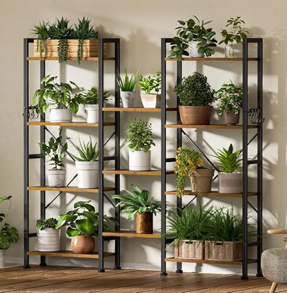Furologee Triple 4 Tier Bookshelf, Bookcase with 11 Open Display Shelves, Large Book Shelf with 6 Hooks, Rustic Bookshelves Storage Organizer, Decorative Shelving Unit for Living Room, Home Office