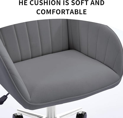 Velvet Home Office Desk Chair, Modern Cute Computer Task Chair with Back, Height Adjustable Upholstered Vanity Chair with Swivel Wheels for Women, Girls (Silver Base, Gray