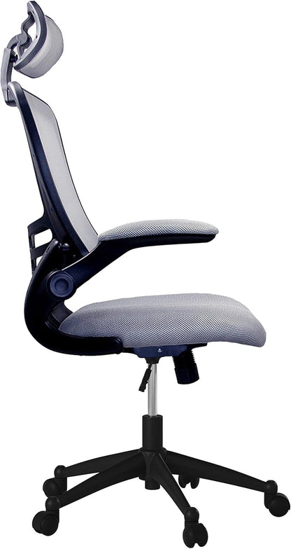 Modern High Back Mesh Executive Chair With Headrest And Flip Up Arms. Color: Silver Grey