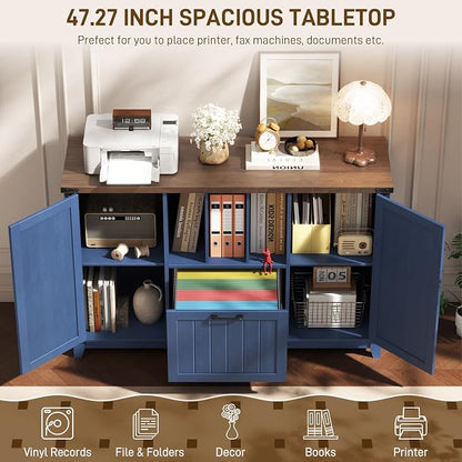 Vabches Lateral File Cabinet with File Drawer, Farmhouse Filing Cabinet with Storage Shelves for Legal/A4/Letter Size Hanging Files, Large Modern Printer Stand for Home Office (Navy Blue and Brown)