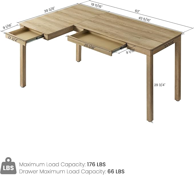 EUREKA ERGONOMIC 63 Inch L Shaped Desk with Drawers, Large Executive Computer Corner Table Dual Monitor, Wood Furniture Work Desk for Home Office Study Craft Writing, Oak, Left Side