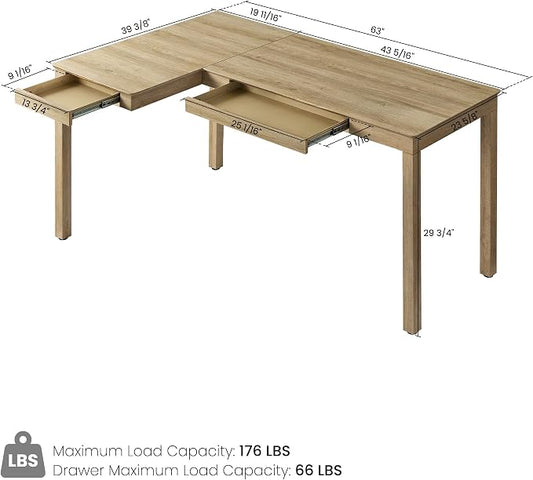 EUREKA ERGONOMIC 63 Inch L Shaped Desk with Drawers, Large Executive Computer Corner Table Dual Monitor, Wood Furniture Work Desk for Home Office Study Craft Writing, Oak, Left Side