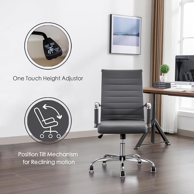 Office Desk Chair Leather, Conference Room Chairs with Wheels, Executive Modern High Back Ergonomic Swivel Rolling Ribbed Computer Chair