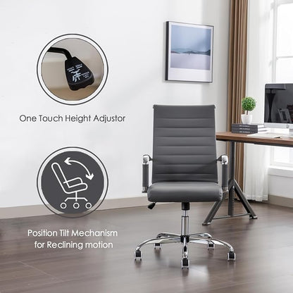 Office Desk Chair Leather, Conference Room Chairs with Wheels, Executive Modern High Back Ergonomic Swivel Rolling Ribbed Computer Chair
