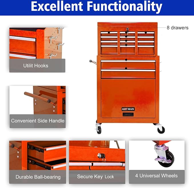 RYH 8 Drawers Rolling Tool Chest & Tool Box on Wheels | Heavy Duty Metal Cart with Ball Bearing Drawers | Fits US General Tool Box for Garage Storage(Orange, 8 Drawers /43.1" H × 24.2" W)