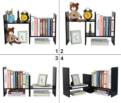PAG Adjustable Desktop Shelf Wood Small Bookshelf Desk Supplies Organizers and Accessories Storage Display Rack Office Decor, Black